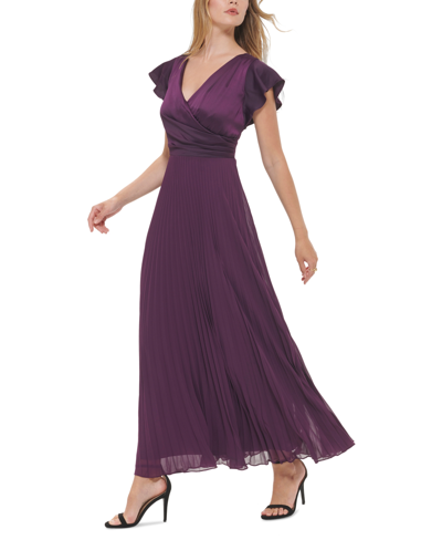 Shop Dkny Women's Pleated Flutter-sleeve Gown In Magestic Plum