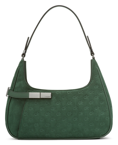 Shop Calvin Klein Women's Jade Signature Embossed Top Zipper Shoulder Bag In Deep Forest Faux Suede