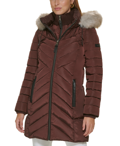 Shop Dkny Women's Faux-fur-trim Hooded Water-resistant Puffer Coat In Burgundy