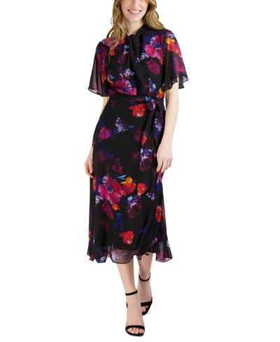 Shop Donna Ricco Women's Floral-print Belted Flutter-sleeve Dress In Black Multi