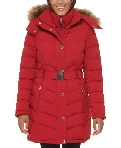 Women's Belted Faux-Fur-Trim Hooded Puffer Coat