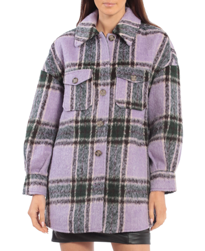 Shop Avec Les Filles Plaid Shirt Jacket In Lavender/green Plaid