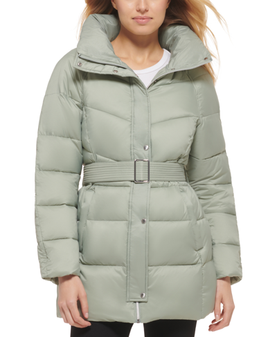 Shop Cole Haan Women's Belted Pillow-collar Puffer Coat In Sage