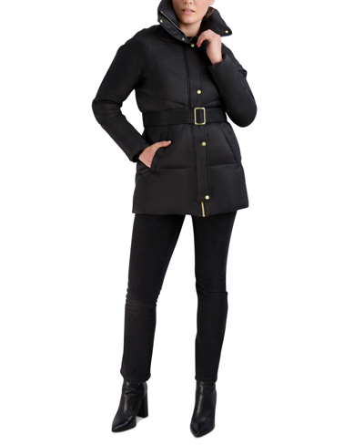 Shop Cole Haan Women's Belted Pillow-collar Puffer Coat In Black