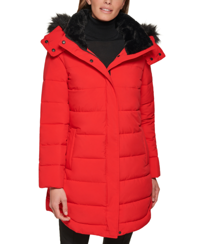 Calvin Klein Women's Faux-fur-trim Hooded Puffer Coat, Created For Macy's  In Mandarin Red | ModeSens