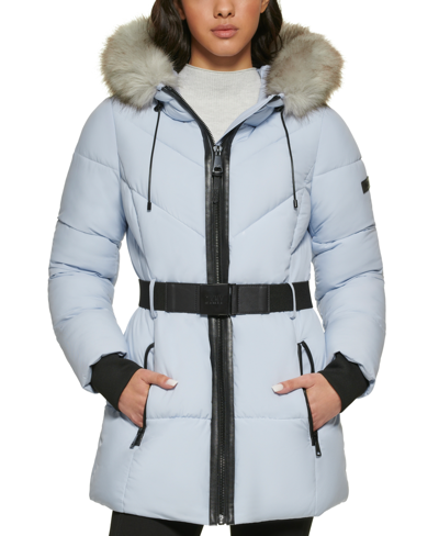 Dkny Women's Faux-fur-trim Belted Hooded Puffer Coat In Powder Blue |  ModeSens