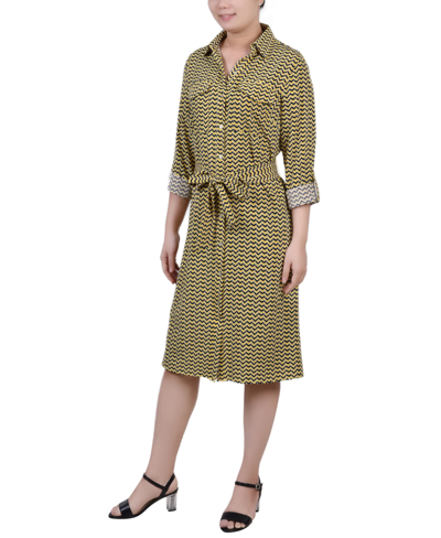 Shop Ny Collection Women's 3/4 Sleeve Roll Tab Shirtdress With Belt In Gold-tone Black Chevron