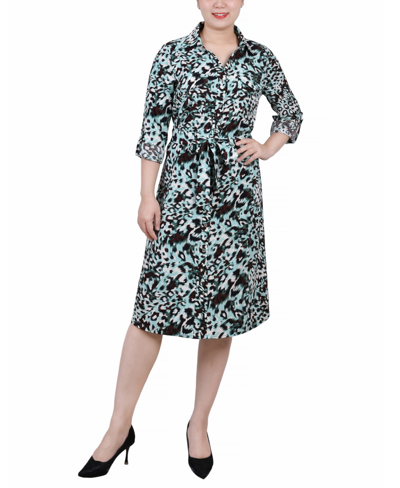 Shop Ny Collection Women's 3/4 Sleeve Roll Tab Shirtdress With Belt In Aqua Animal
