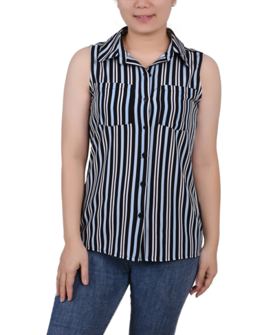 Ny Collection Women's Petite Sleeveless Notch Collar Button Front Blouse In Black Teal White Stripe