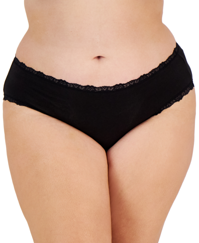 Shop Jenni Plus Size Lace-trim Hipster Underwear, Created For Macy's In Classic Black