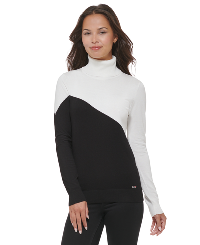 Shop Calvin Klein Asymmetrical Colorblock Turtleneck Sweater In Winter/black Combo