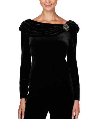 Shop Alex Evenings Women's Velvet Embellished Ruched-collar Top In Black