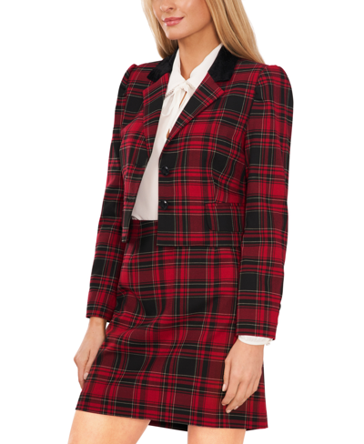 Shop Cece Women's Plaid Puffed-shoulder Cropped Blazer In Bright Ruby