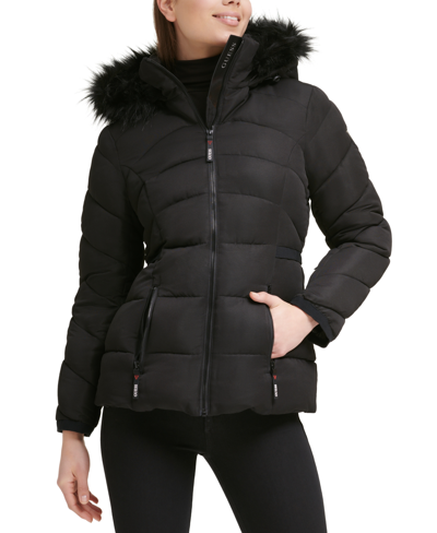 Shop Guess Women's Faux-fur-trim Hooded Puffer Coat In Black