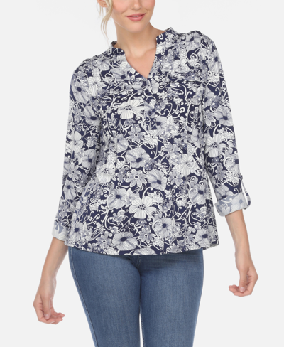 White Mark Plus Size Pleated Long Sleeve Floral Print Blouse In Navy