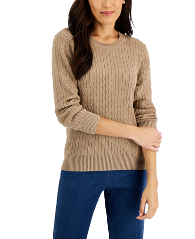 Shop Karen Scott Women's Cotton Crewneck Cable Sweater, Created For Macy's In Chestnut Heather