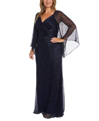 Shop Nightway Women's Sweetheart-neck Draped-illusion-sleeve Gown In Navy