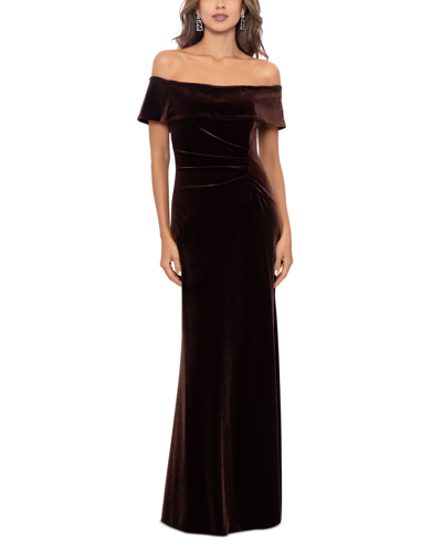 Shop Xscape Off-the-shoulder Velvet Gown In Brown