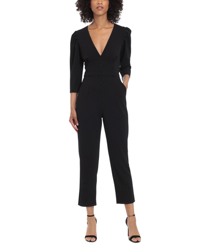 Shop Donna Morgan Women's V-neck 3/4-sleeve Jumpsuit In Black