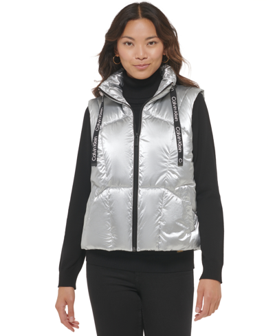 Calvin Klein Women's High Shine Puffer Vest In Silver | ModeSens