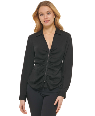 Shop Dkny Women's Ruched-front Long-sleeve Zip-up Top In Black