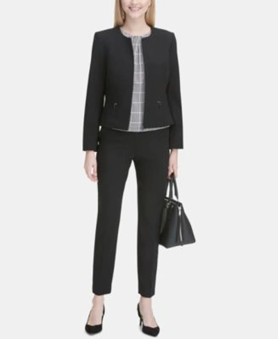 Shop Calvin Klein Collarless Blazer Pleated Top Straight Leg Pants In Black