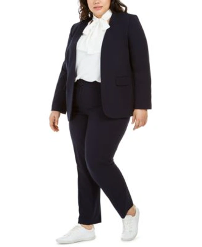 Shop Bar Iii Trendy Plus Size Open Front Blazer Tie Neck Blouse Ankle Pants Created For Macys In Navy