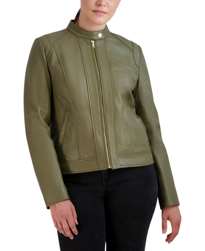 Shop Cole Haan Women's Stand-collar Leather Moto Coat, Created For Macy's In Sage