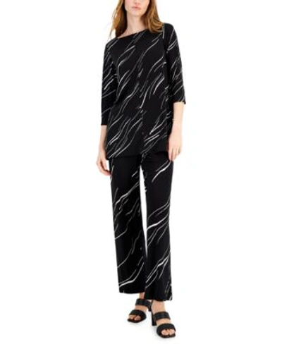 Shop Alfani Womens  Elements Boatneck Tunic Top Wide Leg Pants Created For Macys In Deep Black