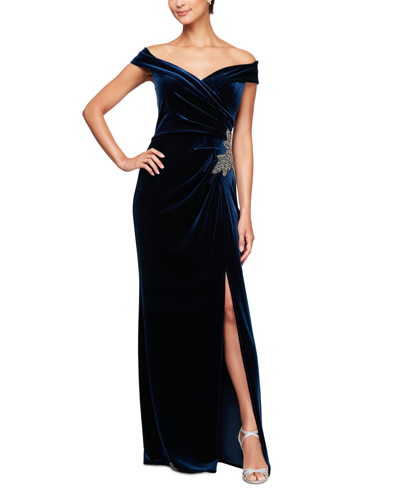 Shop Alex Evenings Women's Velvet Off-the-shoulder Evening Gown In Imperial