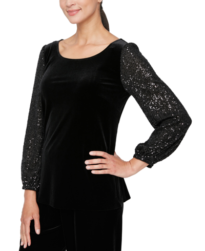 Shop Alex Evenings Women's Velvet Sequined-sleeve Scoop-neck Top In Black