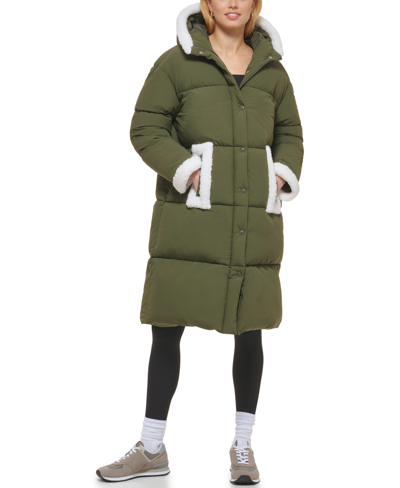 Shop Levi's Women's Hooded Sherpa Trim Puffer Coat In Army Green