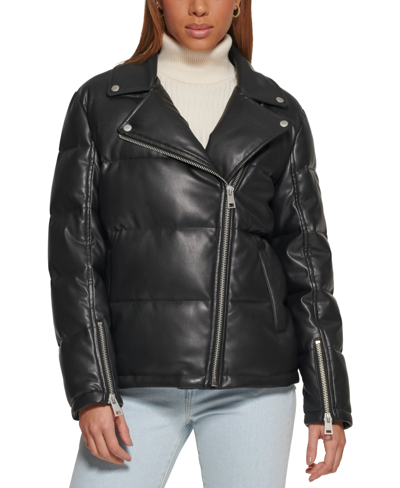 Shop Levi's Women's Faux-leather Quilted Puffer Moto Coat In Black