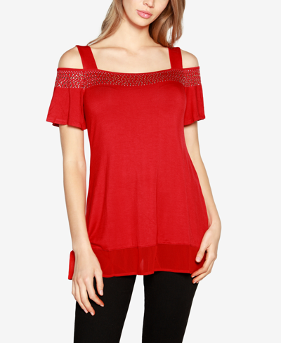 Shop Belldini Women's Embellished Cold-shoulder Top In  Red
