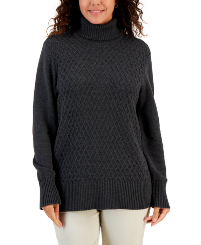 Shop Karen Scott Women's Cable-knit Turtleneck Cotton Sweater, Created For Macy's In Charcoal Heather