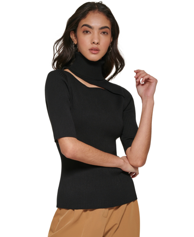 Shop Dkny Women's Turtleneck Cutout Ribbed Elbow-sleeve Sweater In Black