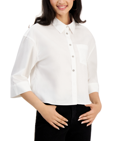 Shop Dkny Jeans Women's Cotton Cropped Single-pocket Shirt In White