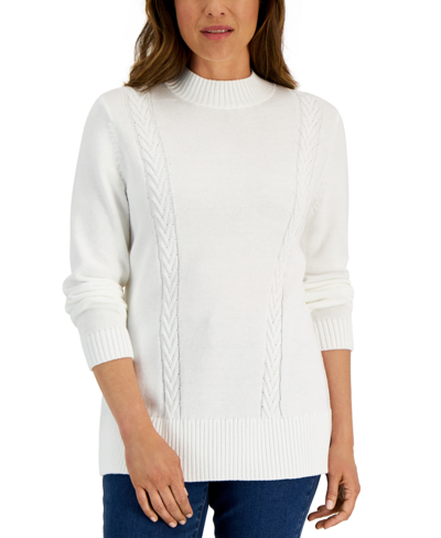 Shop Karen Scott Women's Cotton Cable-knit Sweater, Created For Macy's In Winter White