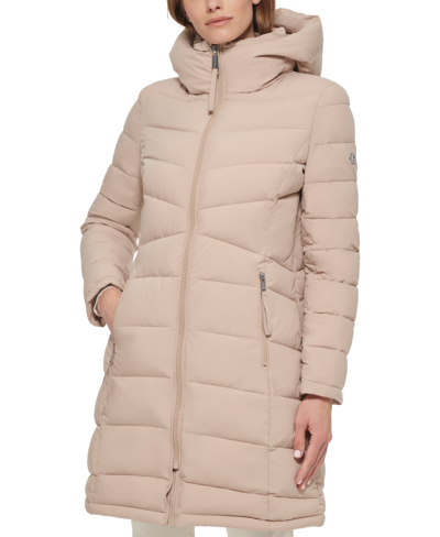 Shop Calvin Klein Women's Hooded Stretch Puffer Coat, Created For Macy's In Barley