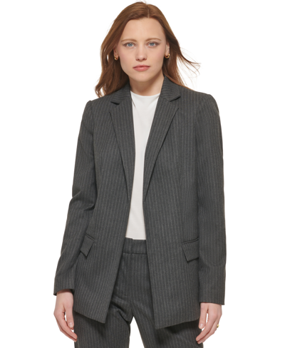 Calvin Klein Plus Size Pinstripe Cuffed-sleeve Open-front Blazer In  Charcoal/white | ModeSens