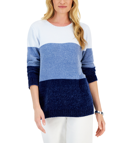 Shop Karen Scott Women's Lucy Chenille Colorblocked Sweater, Created For Macy's In Blue Combo