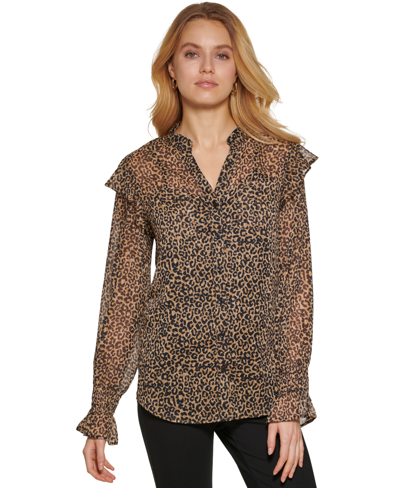 Shop Dkny Women's Printed Button-front Long-sleeve Ruffle Top In Vicuna Black