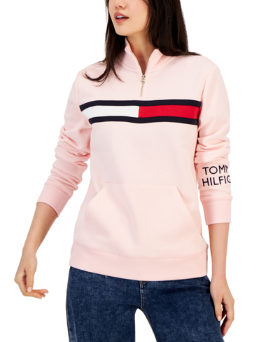Tommy Hilfiger Women's Zip Neck Pullover Sweatshirt In Ballerina Pink |  ModeSens