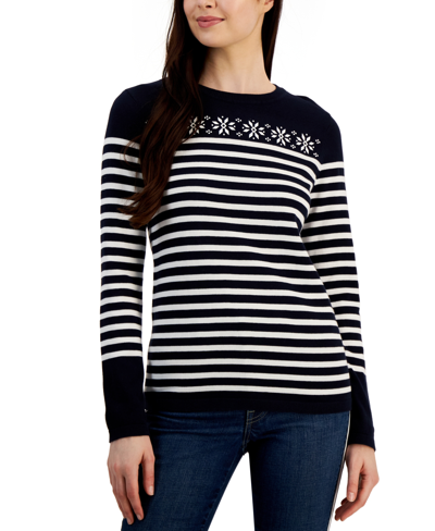 Tommy Hilfiger Women's Striped Printed Cotton Snowflake Sweater In Sky  Captain/ivory | ModeSens