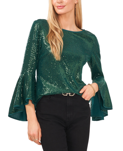 Shop Vince Camuto Women's Metallic Knit Flutter Sleeve Top In Arresting Emerald