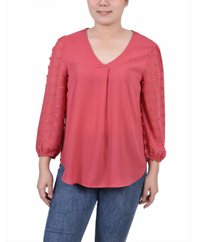 Shop Ny Collection Women's V-neck Blouse Top With 3/4 Jacquard Chiffon Sleeves In Holly Berry