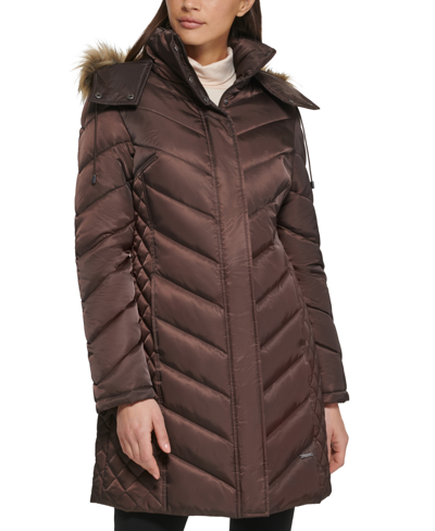 Shop Kenneth Cole Women's Faux-fur-trim Hooded Puffer Coat In Dark Roast