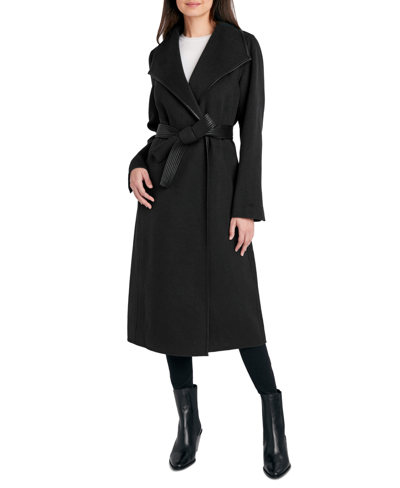 Shop Tahari Womens Wool Blend Belted Wrap Coat In Black