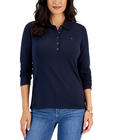 Shop Tommy Hilfiger Women's Logo Long-sleeve Polo Shirt In Sky Capt