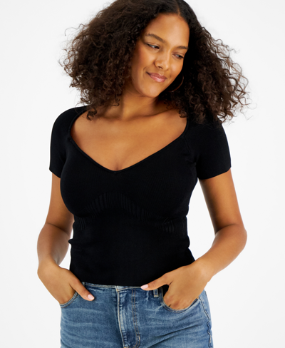 Guess Alcosta Ribbed Sweater-knit Short-sleeve Top In Jet Black A | ModeSens